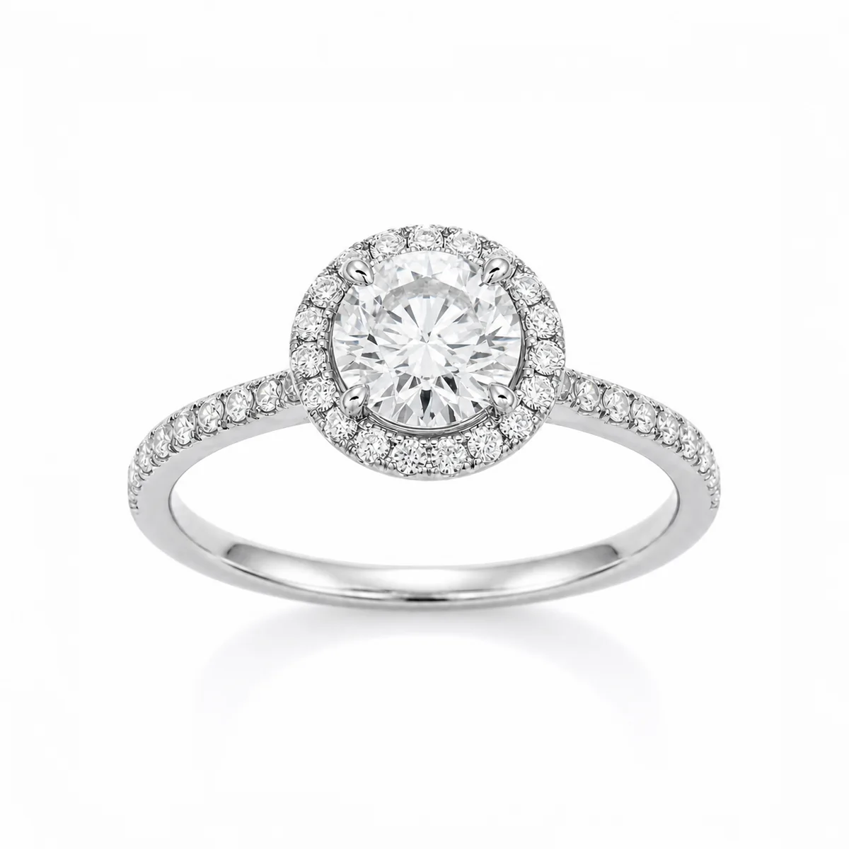 Halo with pavé band engagement ring in platinum, round diamond, made to order by Prodiam (rendered design reference)
