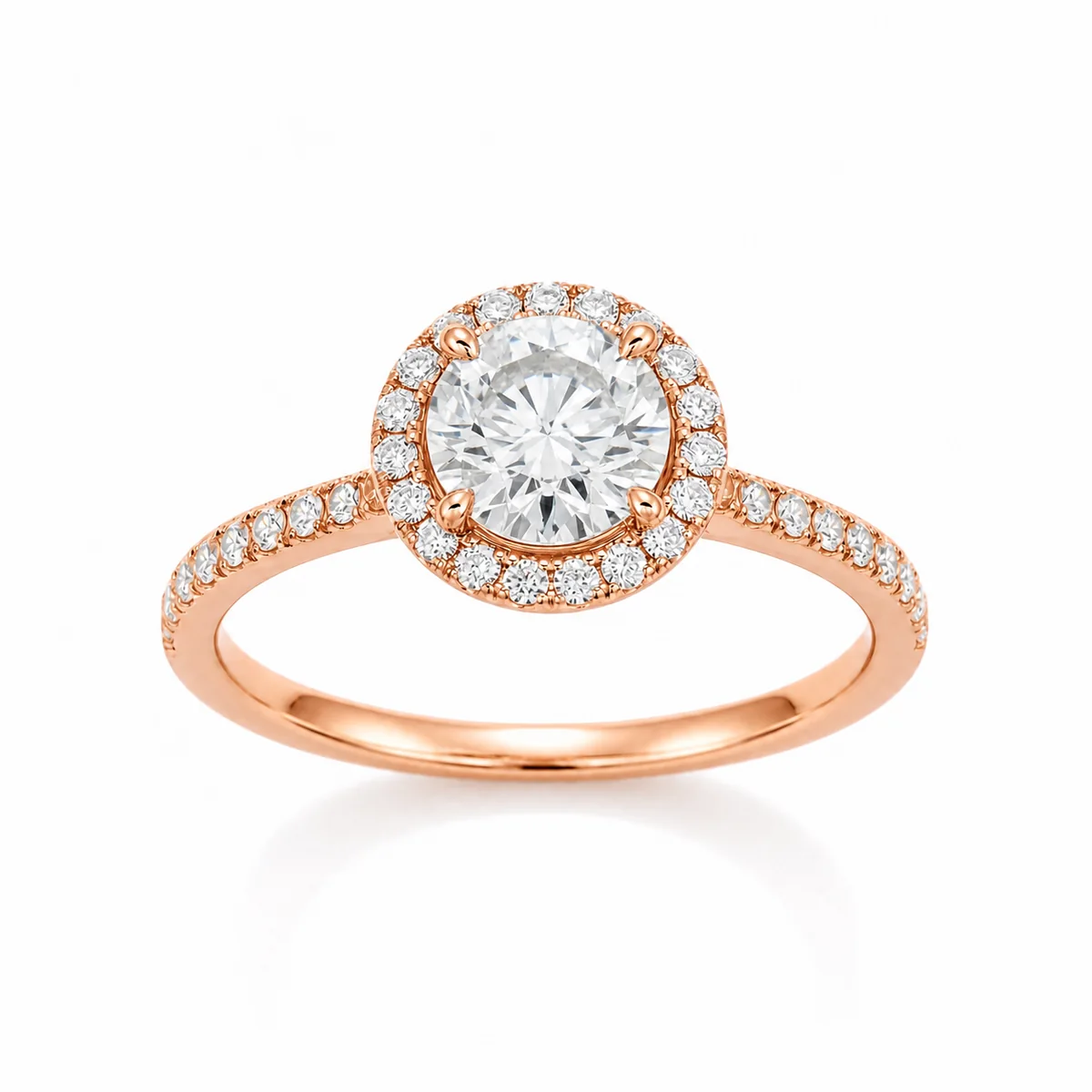 Halo with pavé band engagement ring in 18k rose gold, round diamond, made to order by Prodiam (rendered design reference)
