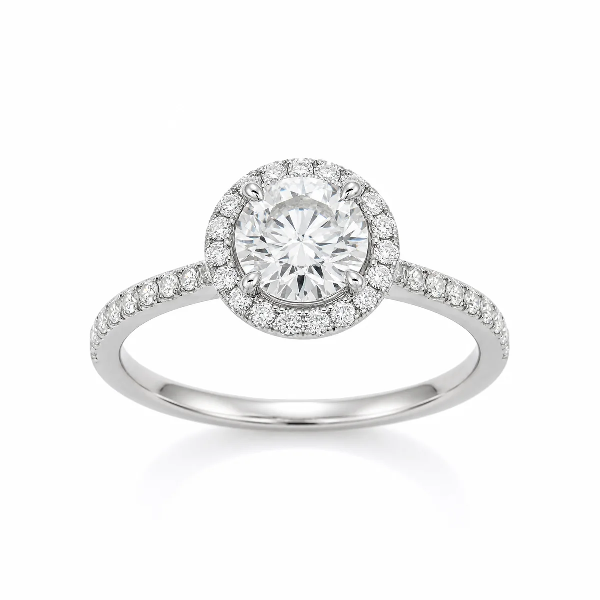 Halo with pavé band engagement ring in 18k white gold, round diamond, made to order by Prodiam (rendered design reference)