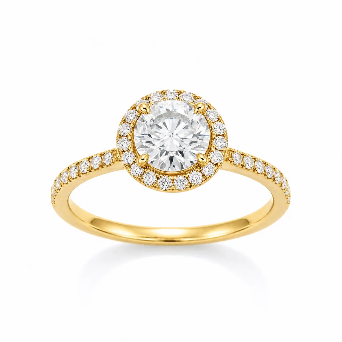 Halo with pavé band engagement ring in 18k yellow gold, round diamond, made to order by Prodiam (rendered design reference)