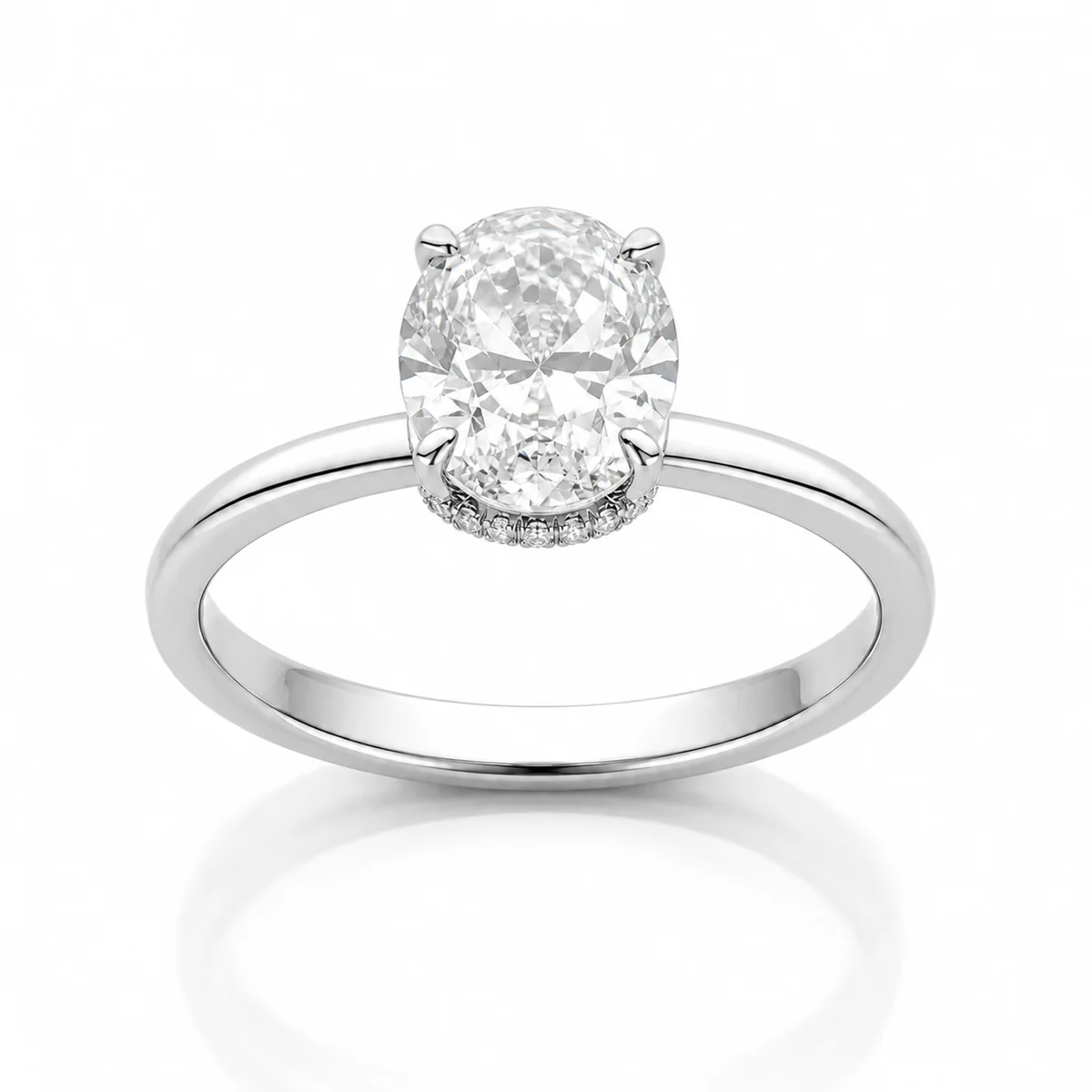 Oval hidden halo engagement ring in platinum, made to order by Prodiam (rendered design reference)