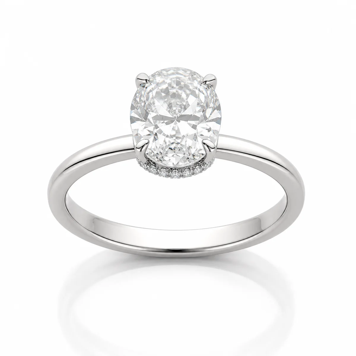 Oval hidden halo engagement ring in 18k white gold, made to order by Prodiam (rendered design reference)