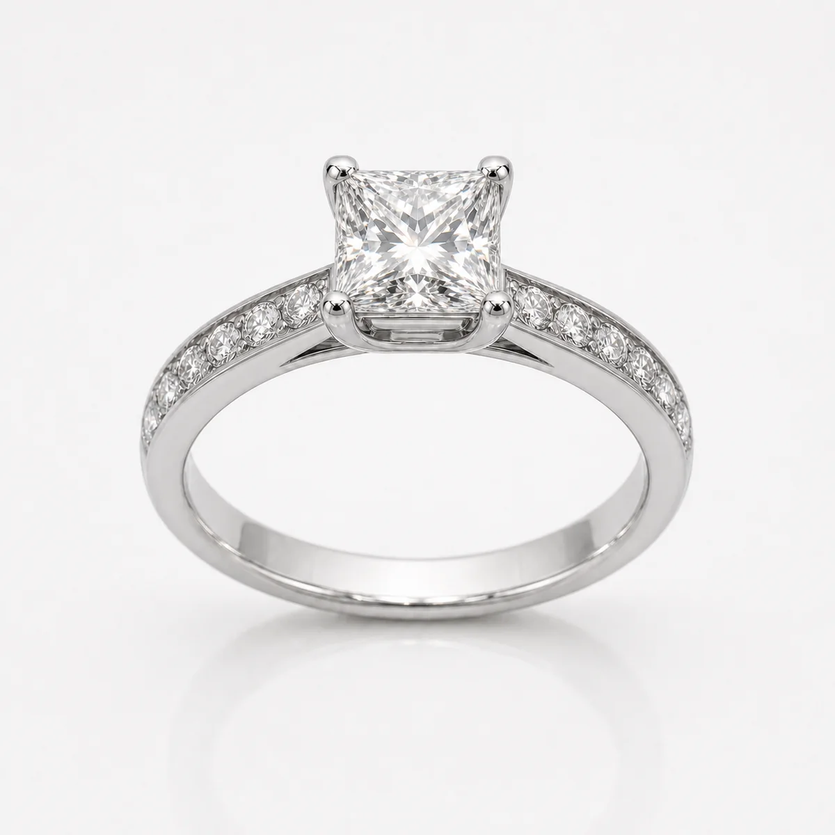 Princess with side stones engagement ring in platinum, made to order by Prodiam (rendered design reference)