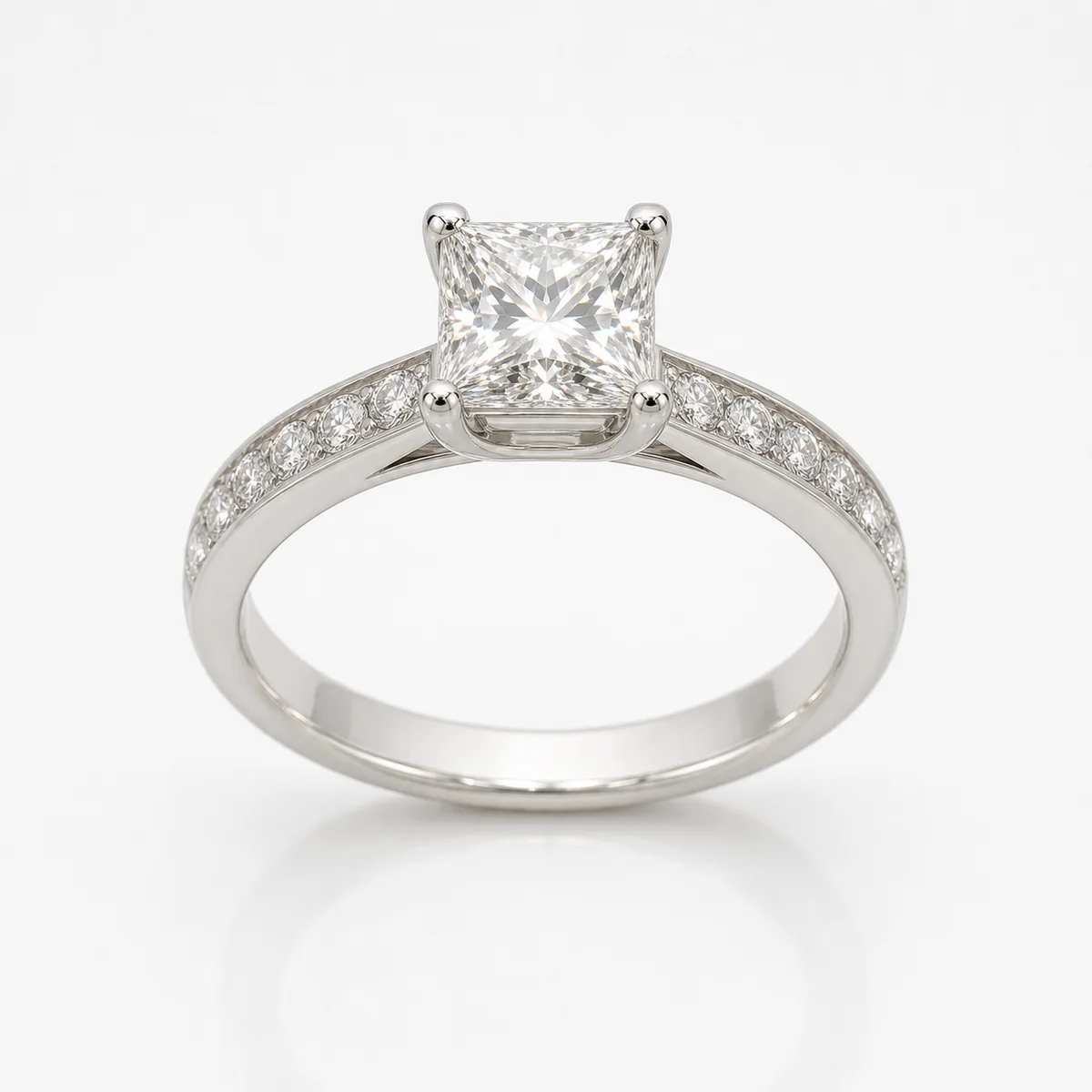 Princess with side stones engagement ring in 18k white gold, made to order by Prodiam (rendered design reference)
