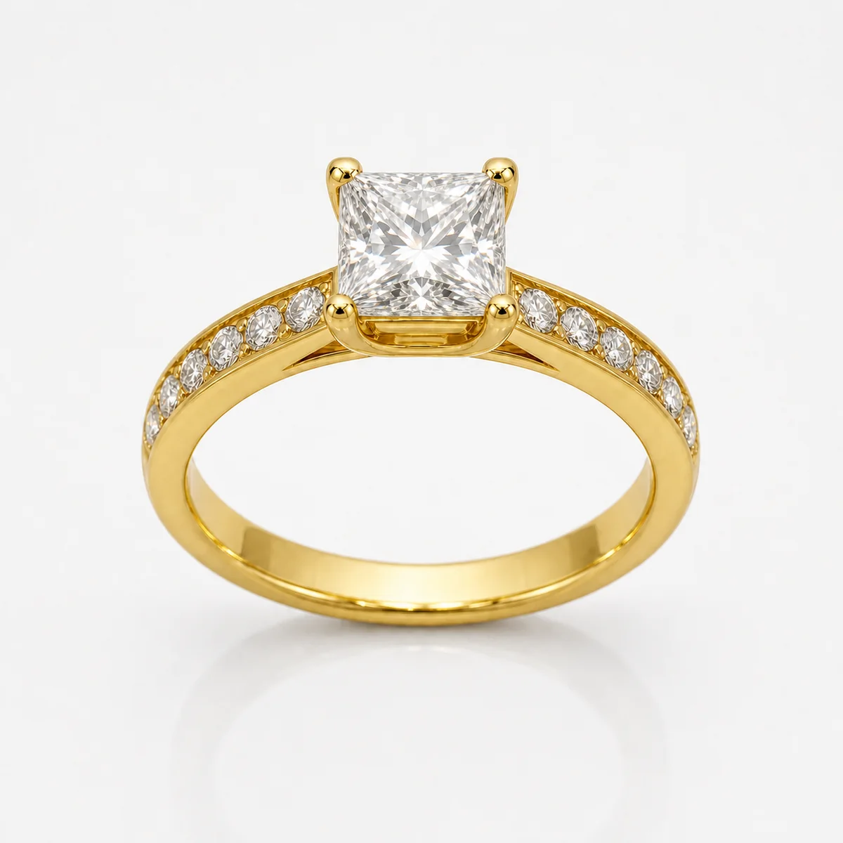 Princess with side stones engagement ring in 18k yellow gold, made to order by Prodiam (rendered design reference)