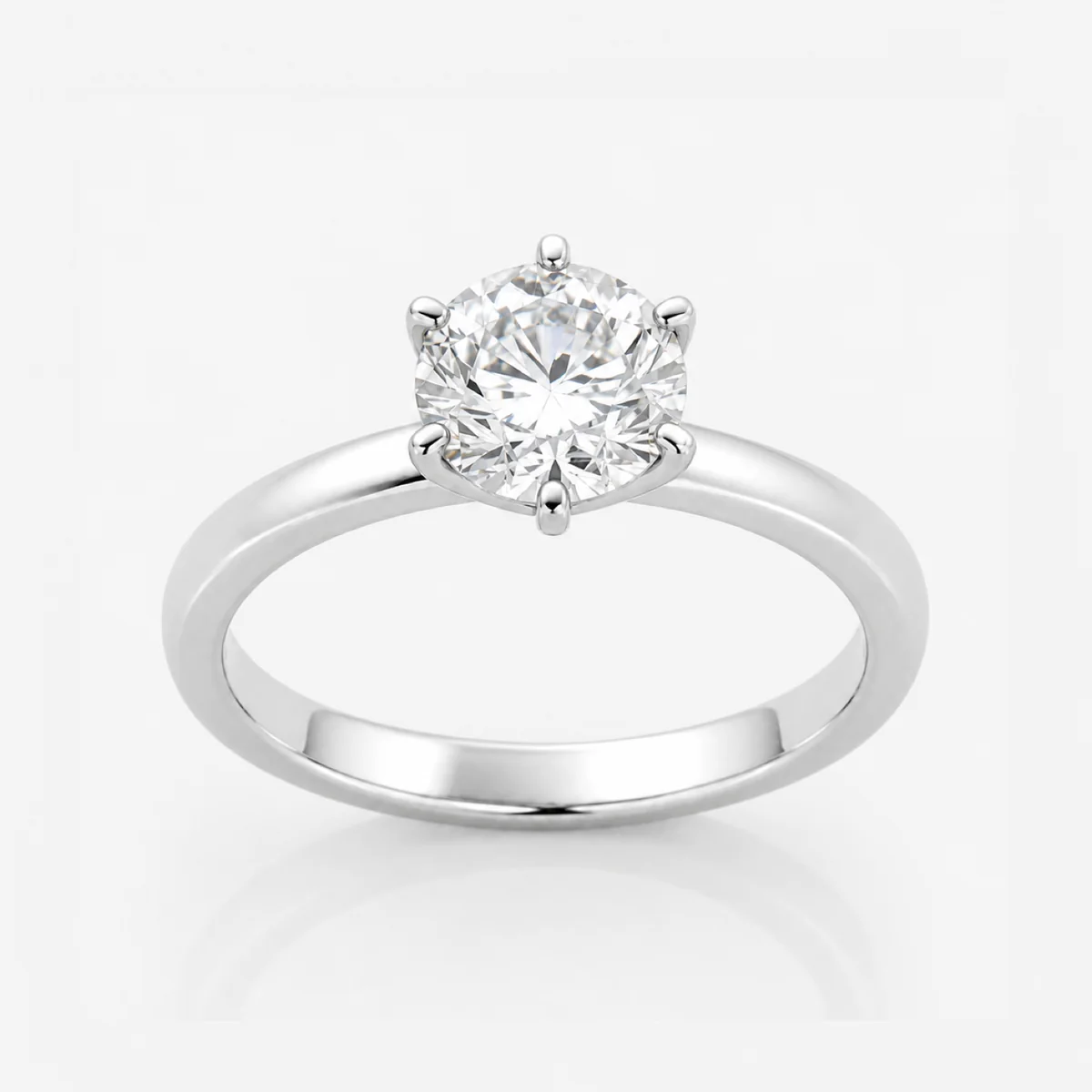 Six-claw solitaire engagement ring in 18k white gold, round diamond, made to order by Prodiam (rendered design reference)