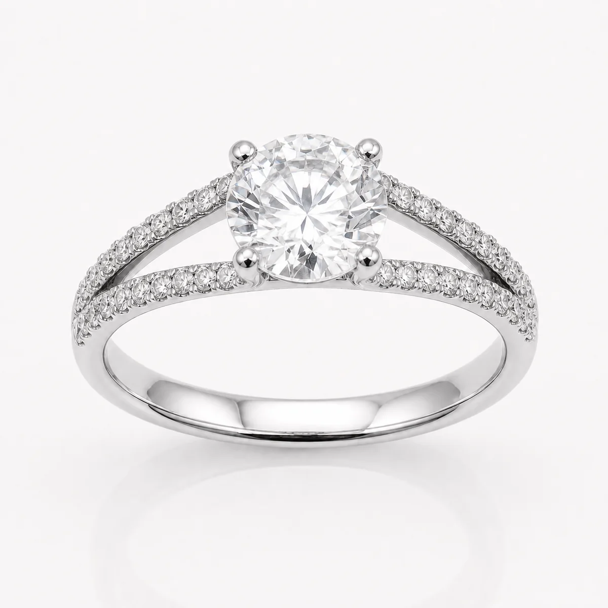 Split band pavé engagement ring in platinum, round diamond, made to order by Prodiam (rendered design reference)