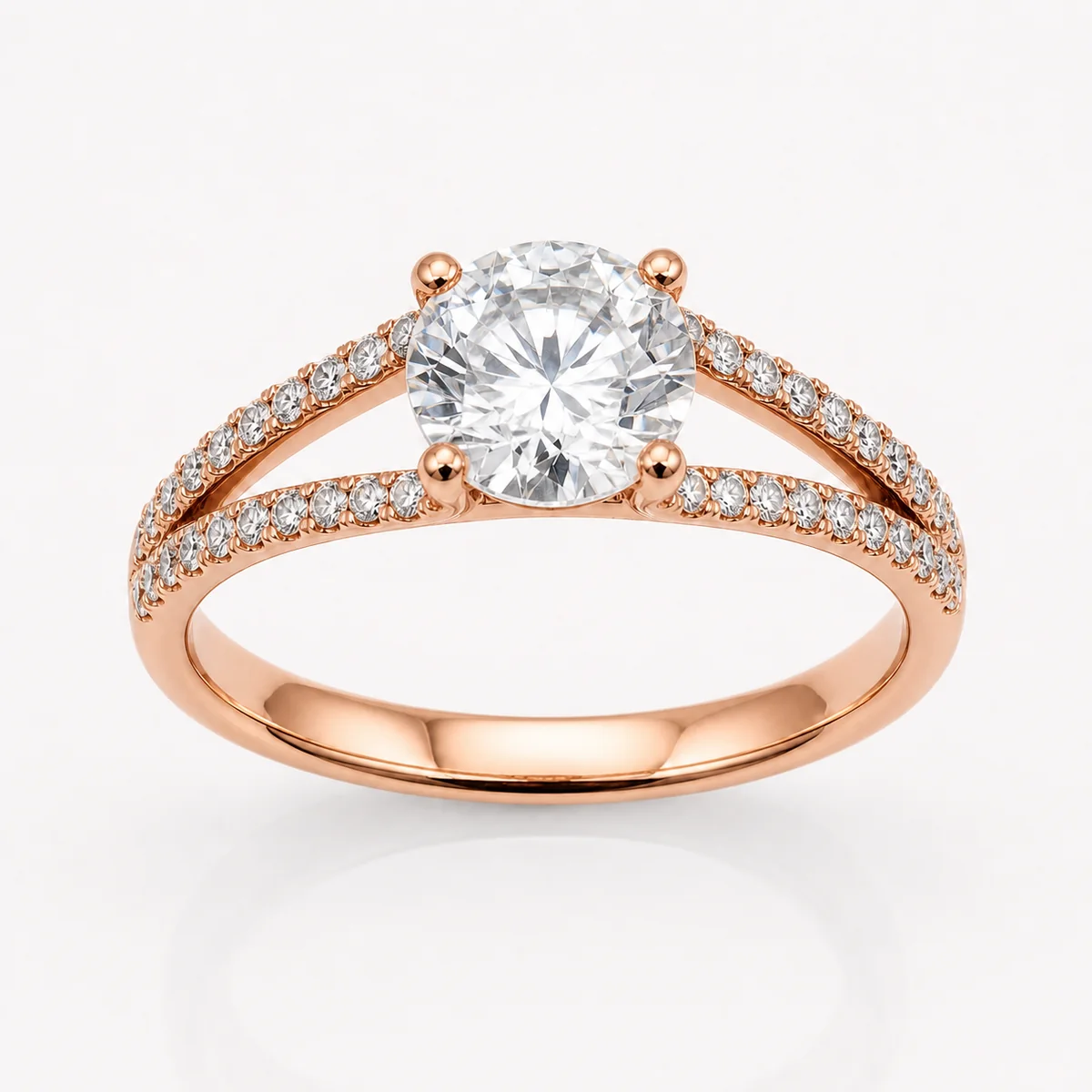 Split band pavé engagement ring in 18k rose gold, round diamond, made to order by Prodiam (rendered design reference)