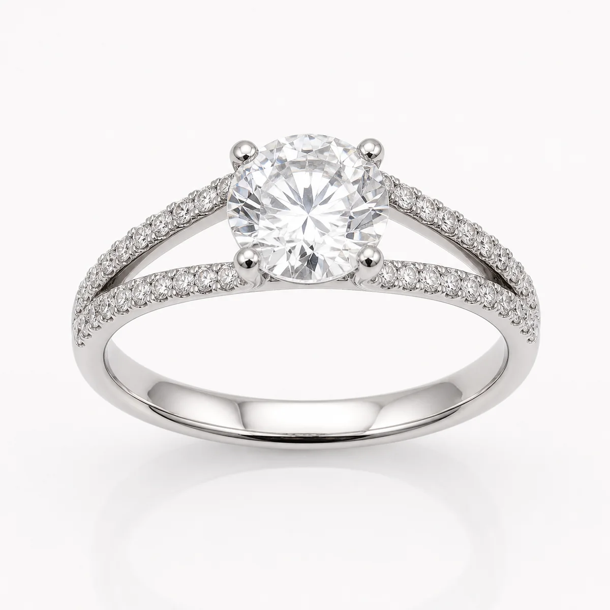 Split band pavé engagement ring in 18k white gold, round diamond, made to order by Prodiam (rendered design reference)