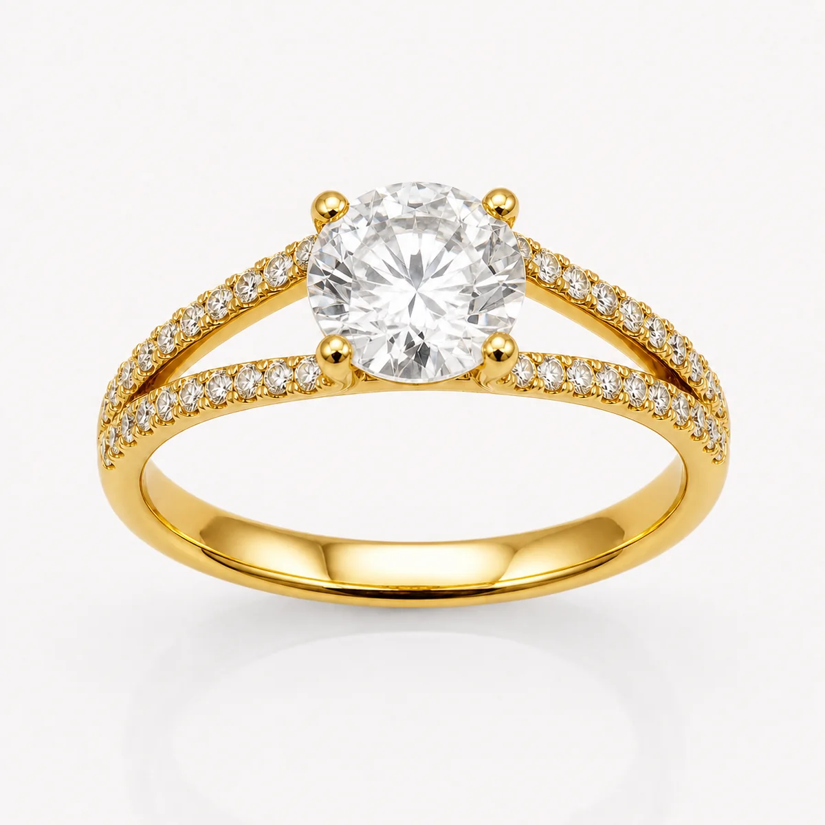 Split band pavé engagement ring in 18k yellow gold, round diamond, made to order by Prodiam (rendered design reference)