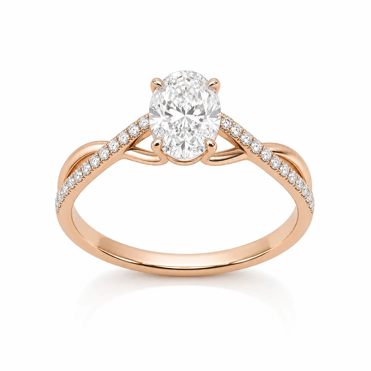 Twisted pavé oval engagement ring in 18k rose gold, made to order by Prodiam (rendered design reference)