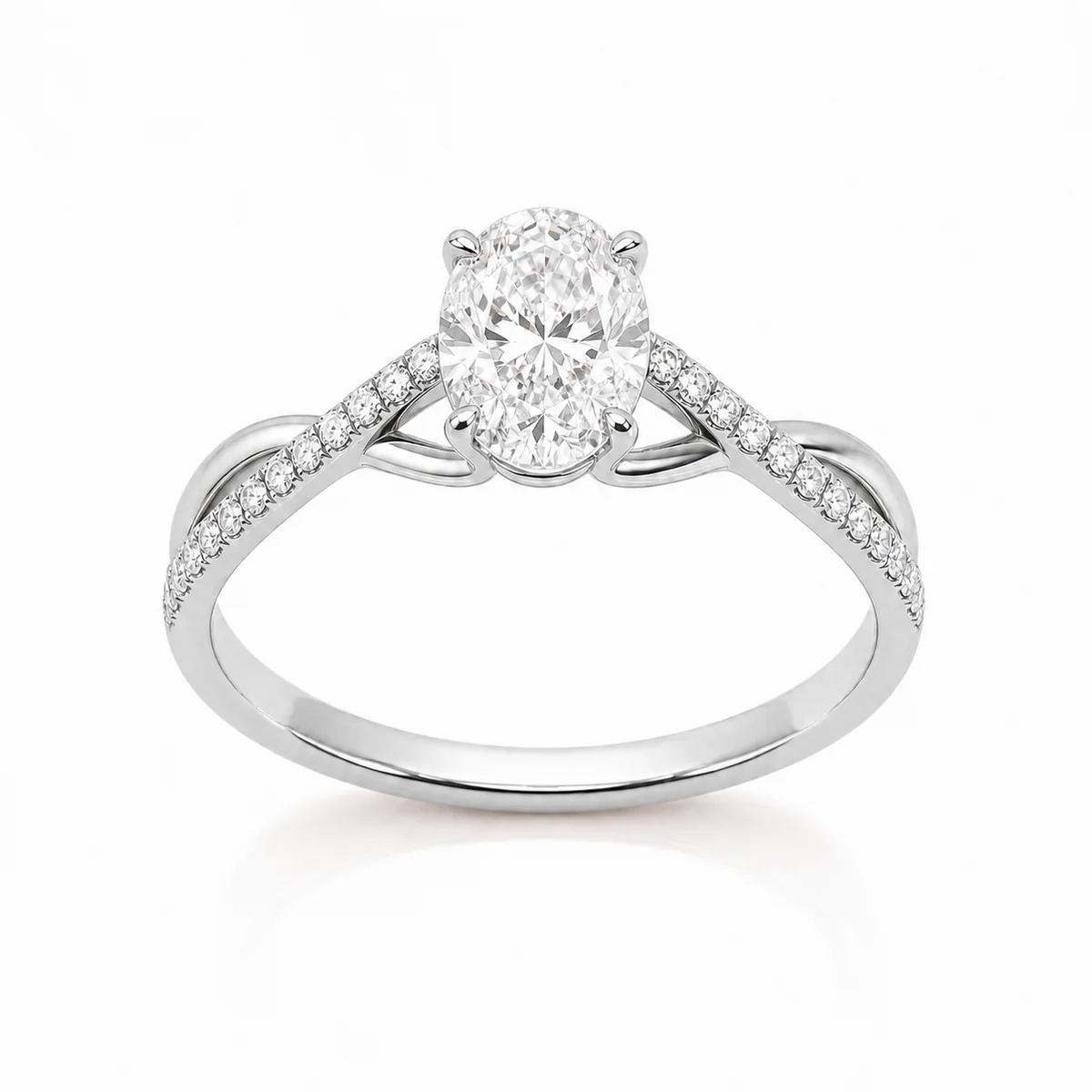 Twisted pavé oval engagement ring in 18k white gold, made to order by Prodiam (rendered design reference)