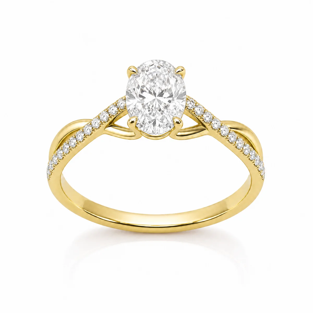 Twisted pavé oval engagement ring in 18k yellow gold, made to order by Prodiam (rendered design reference)