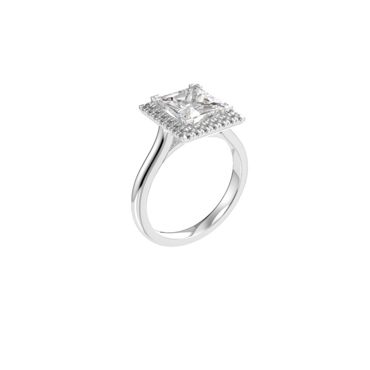 Profile view of the 2.00 ct princess-cut halo diamond ring, showing the V-claws protecting the corners