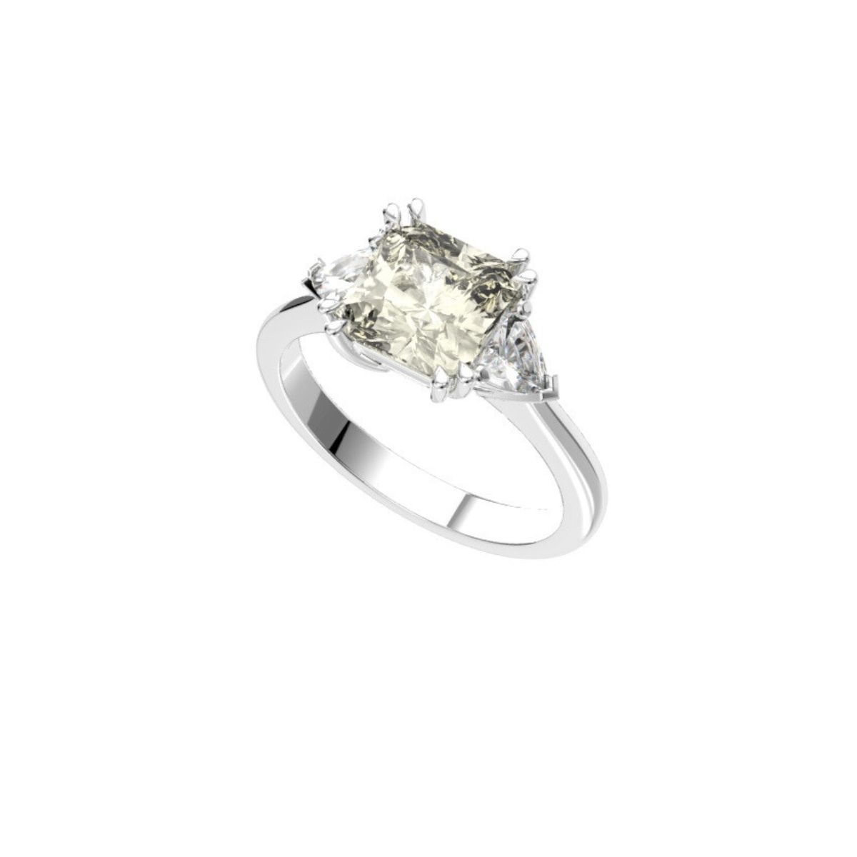 Profile view of the 2.04 ct radiant-cut three-stone ring, showing the cropped corners and side stones