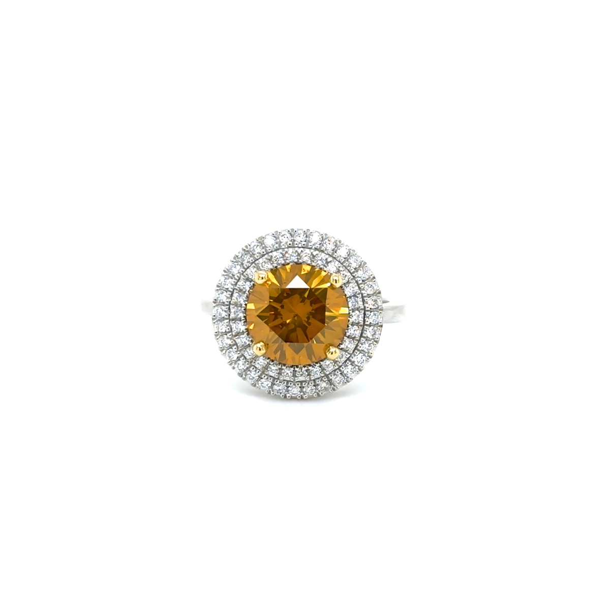 2.53Ct Double Halo Diamond Ring · 2.53 ct, Round Brilliant, Natural Fancy Deep Orange-Yellow colour, GIA certified, 18Kt White Gold