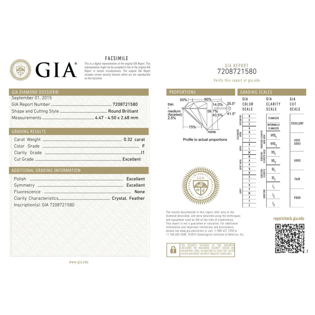GIA 0.32Ct F I1 · 0.32 ct, F colour, I1 clarity, GIA certified