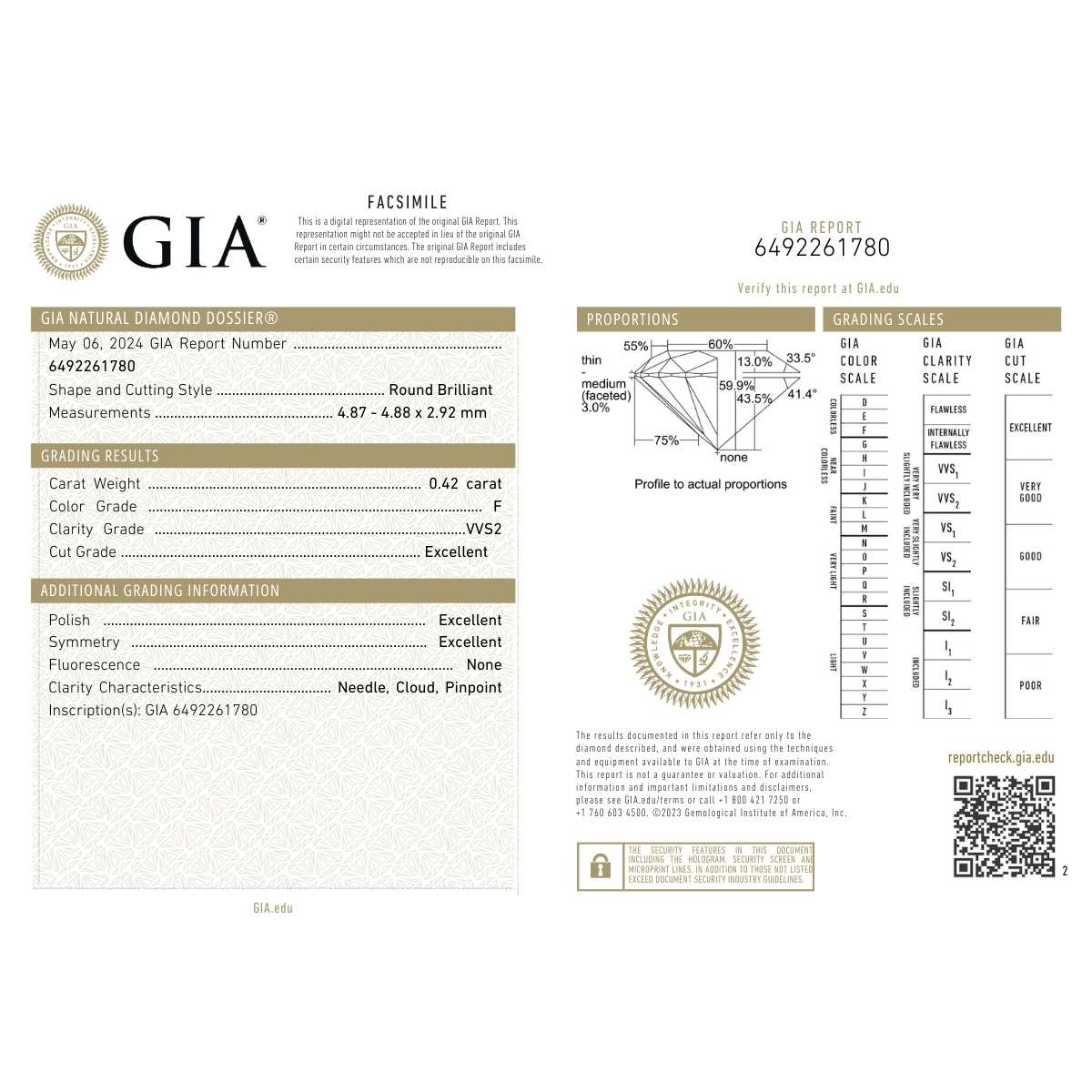 GIA 0.42Ct F VVS2 · 0.42 ct, F colour, VVS2 clarity, GIA certified