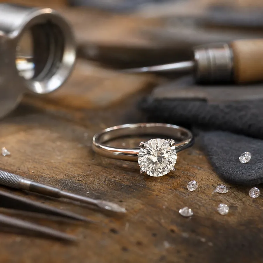 A diamond solitaire ring on a jeweller's bench