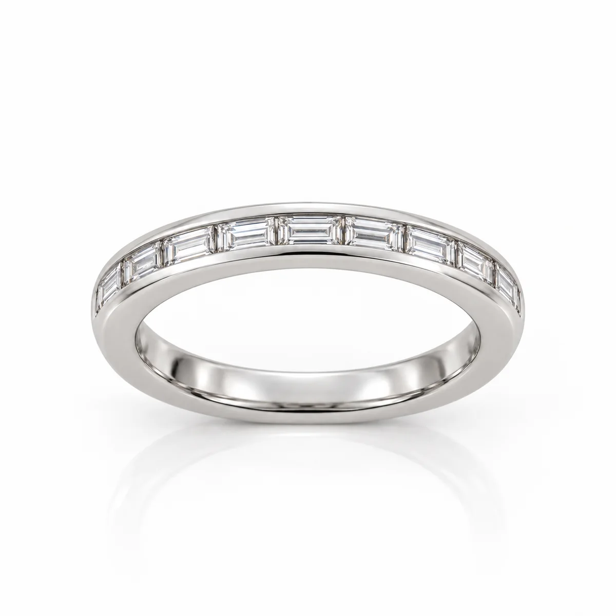 Baguette half eternity wedding ring in platinum, made to order by Prodiam (rendered design reference)