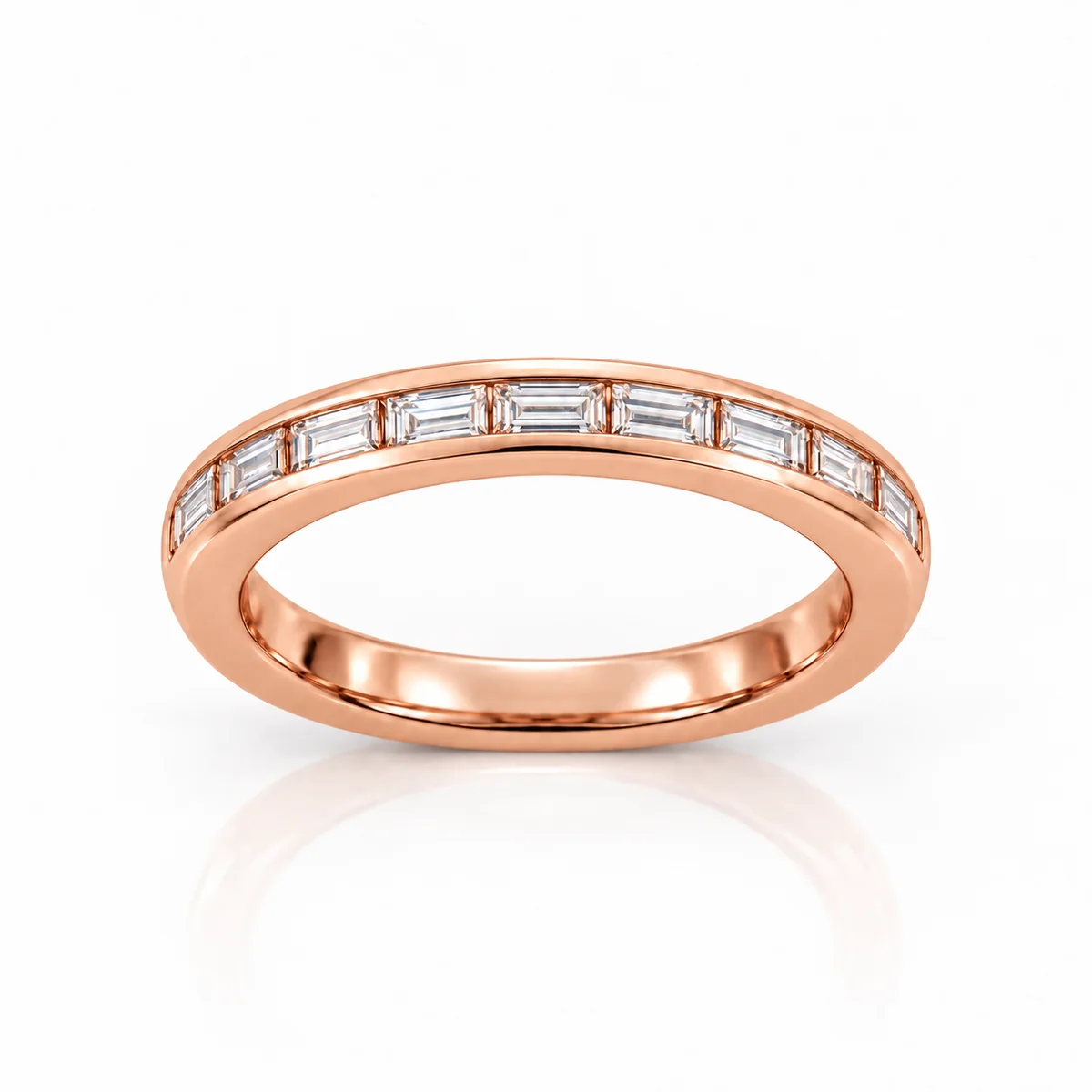Baguette half eternity wedding ring in 18k rose gold, made to order by Prodiam (rendered design reference)