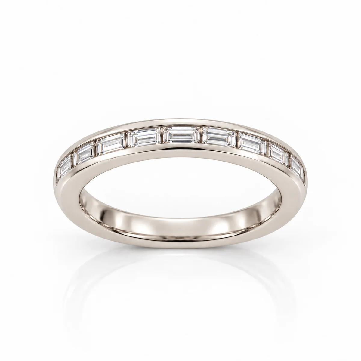 Baguette half eternity wedding ring in 18k white gold, made to order by Prodiam (rendered design reference)