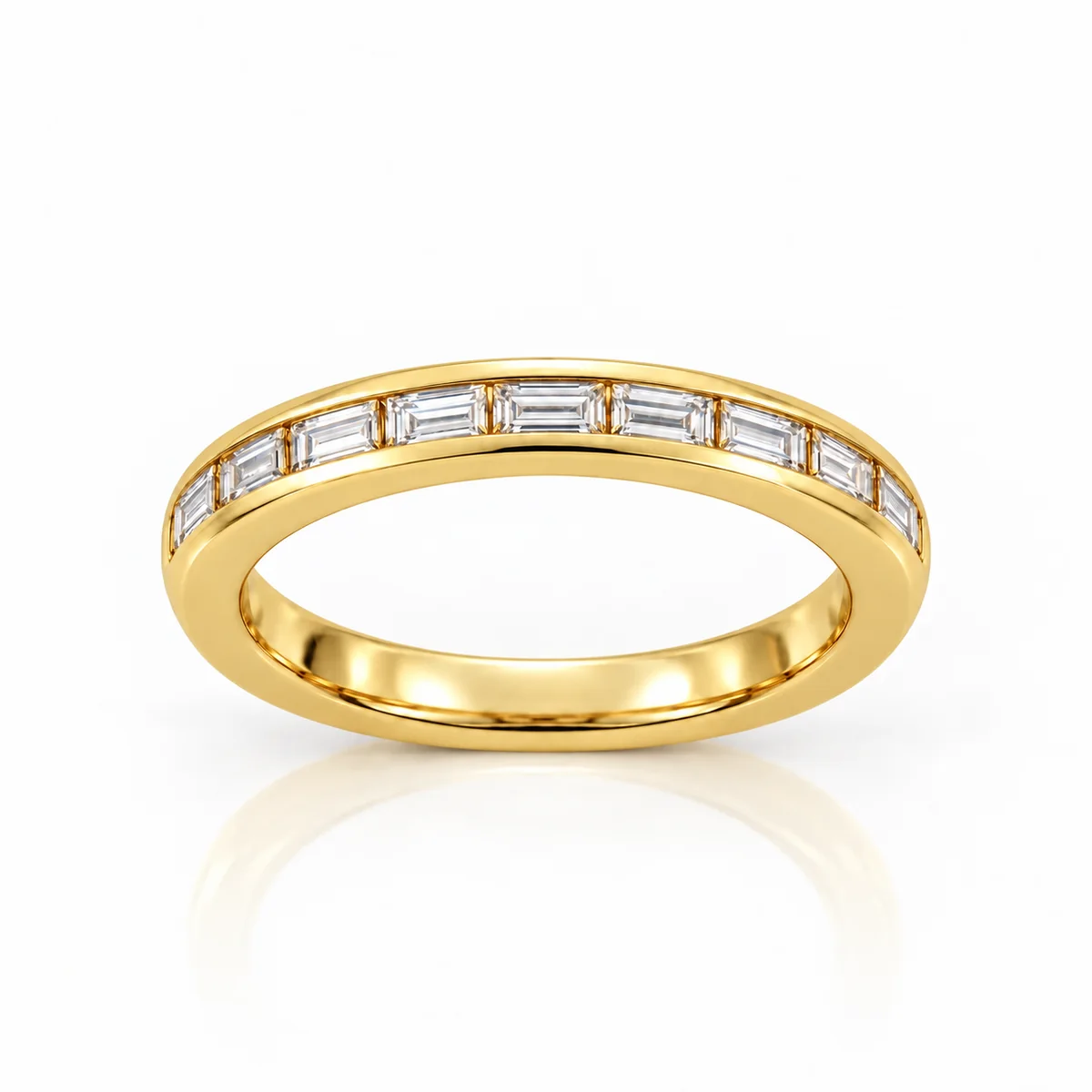Baguette half eternity wedding ring in 18k yellow gold, made to order by Prodiam (rendered design reference)