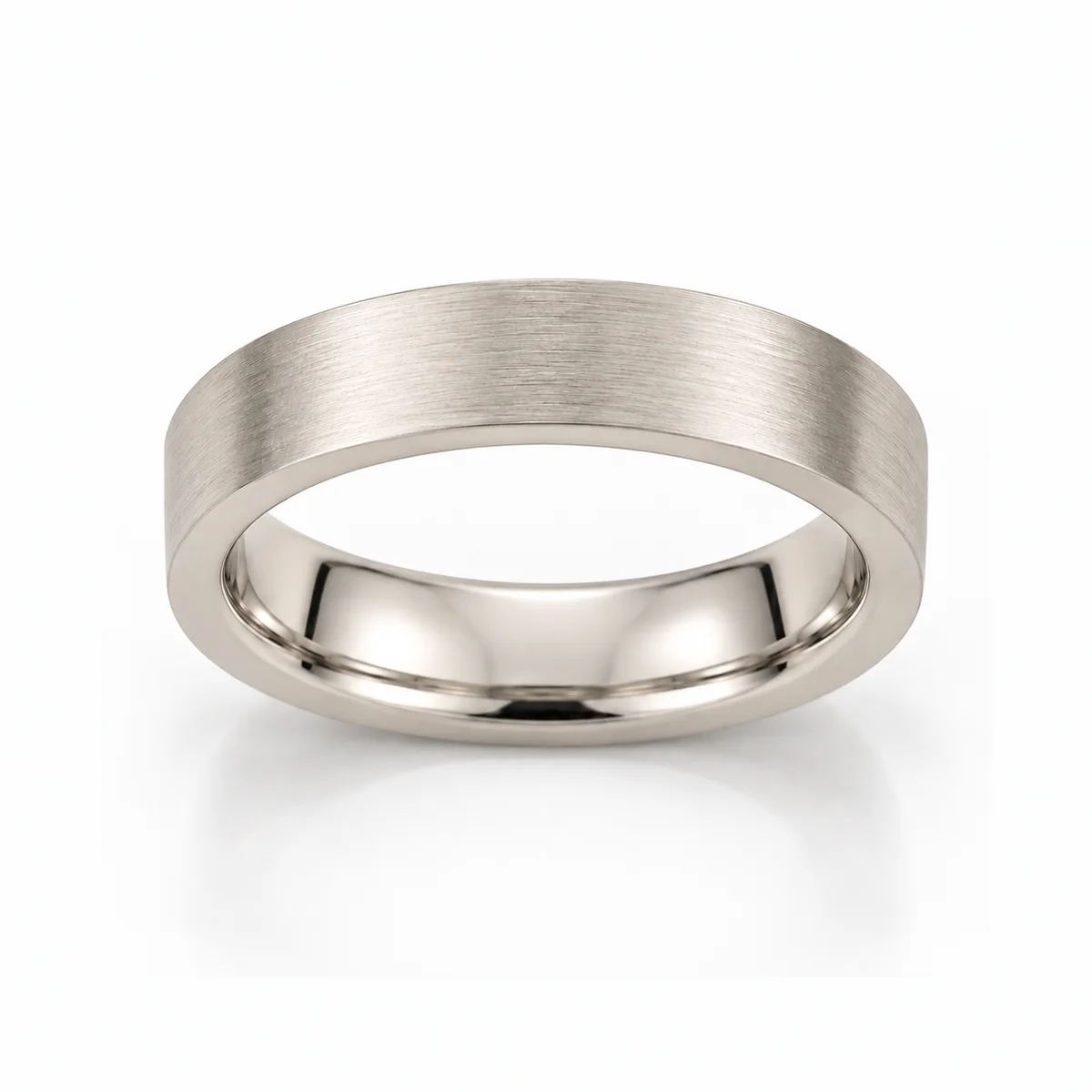 Flat satin band wedding ring in 18k white gold, none diamond, made to order by Prodiam (rendered design reference)