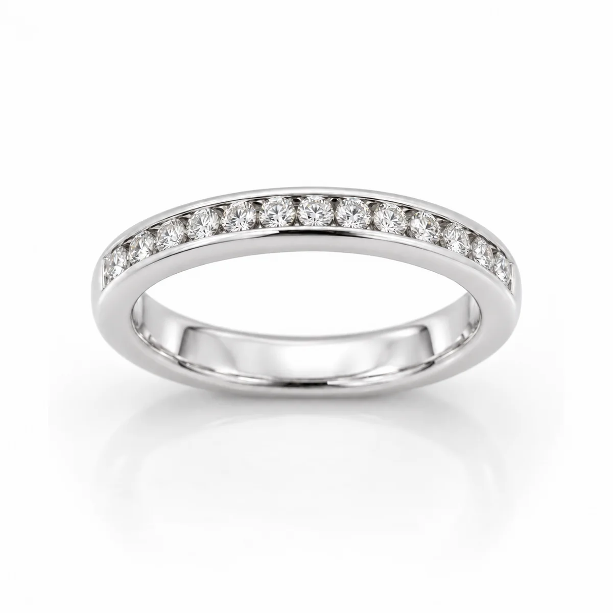 Half eternity channel set wedding ring in platinum, round diamond, made to order by Prodiam (rendered design reference)