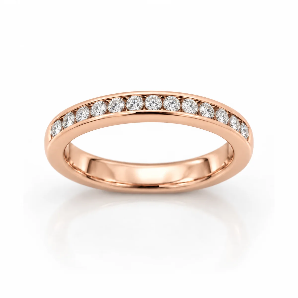Half eternity channel set wedding ring in 18k rose gold, round diamond, made to order by Prodiam (rendered design reference)