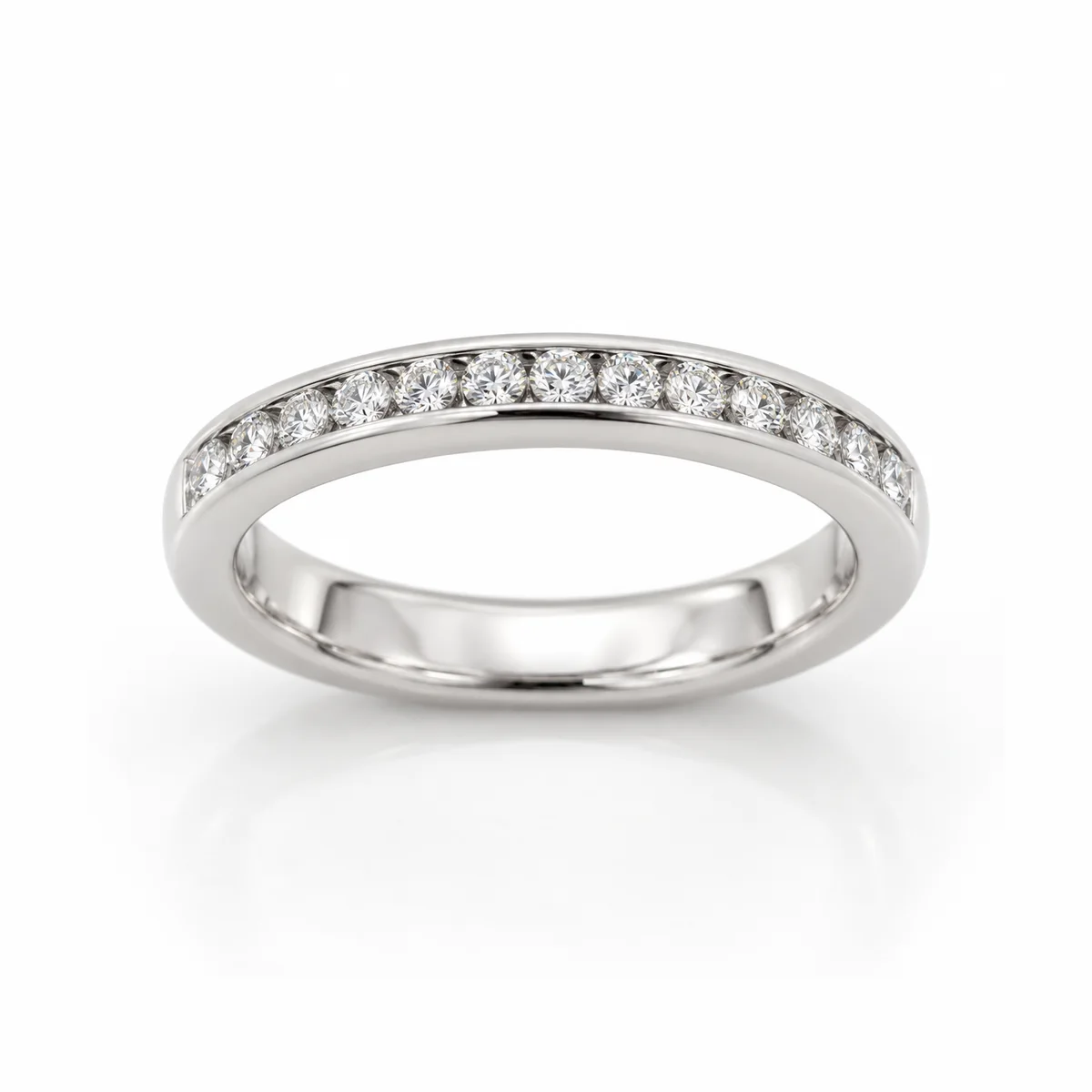 Half eternity channel set wedding ring in 18k white gold, round diamond, made to order by Prodiam (rendered design reference)