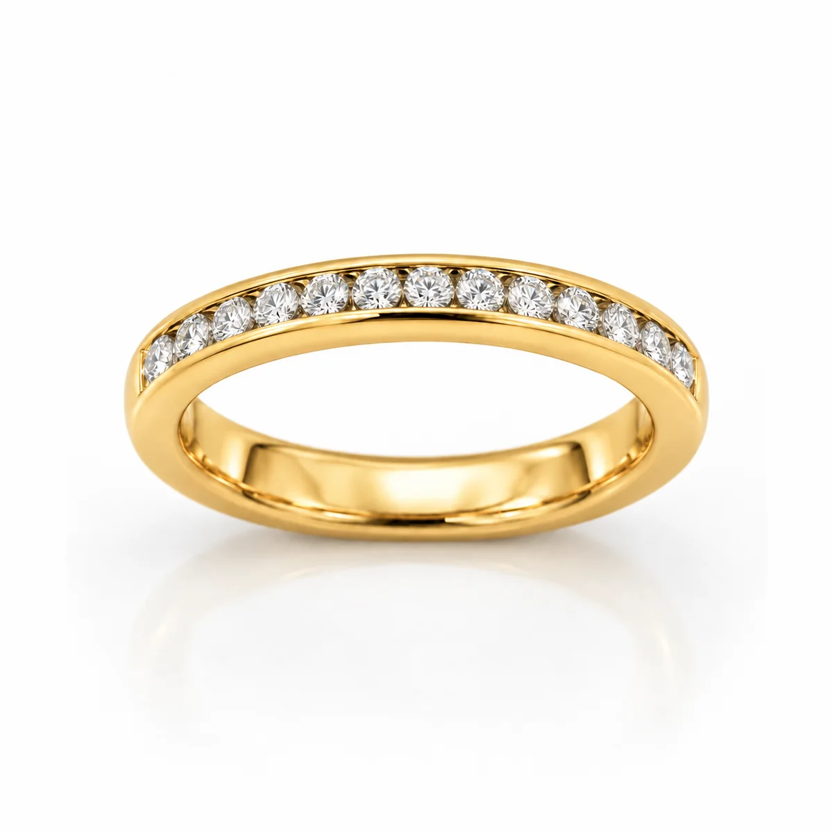 Half eternity channel set wedding ring in 18k yellow gold, round diamond, made to order by Prodiam (rendered design reference)