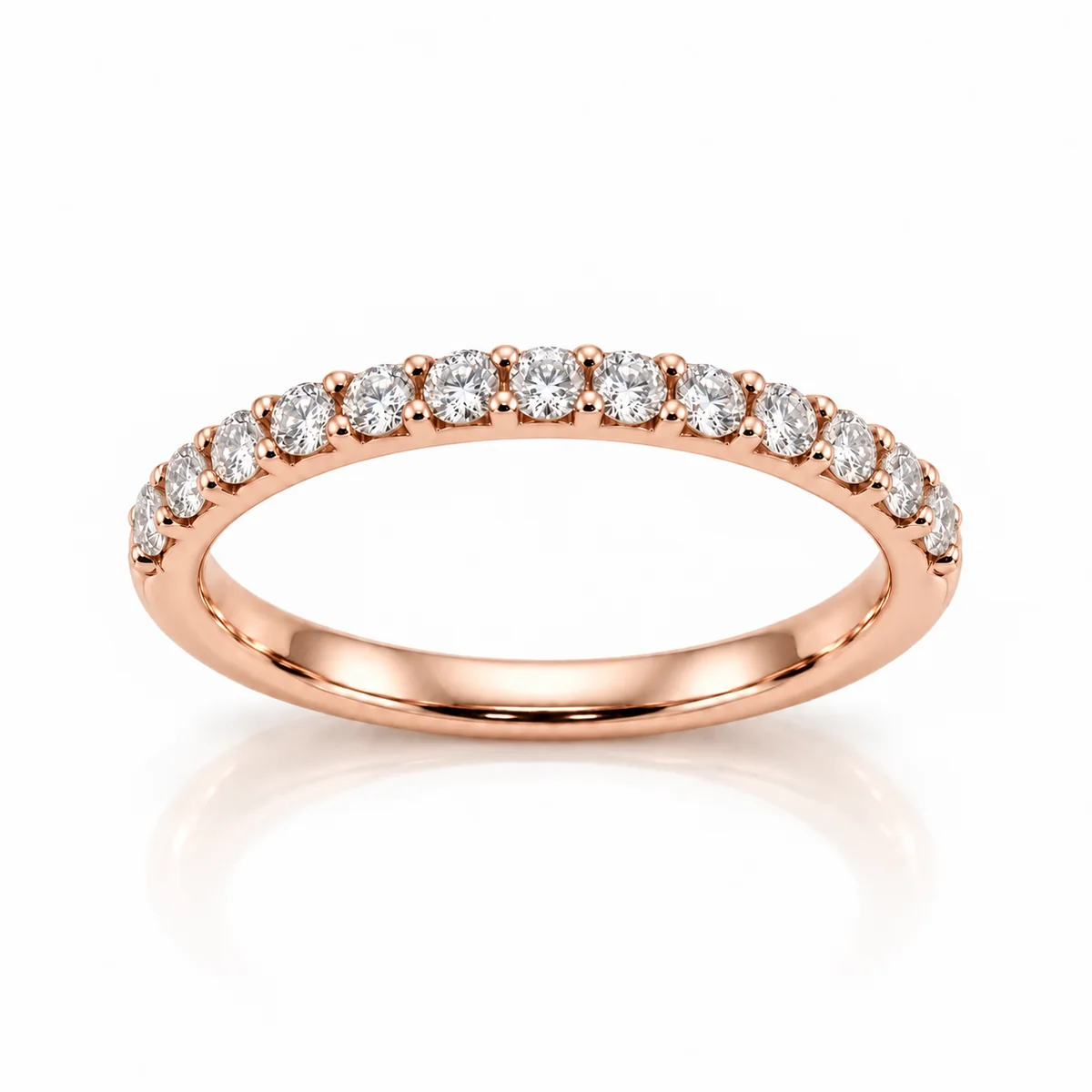 Half eternity claw set wedding ring in 18k rose gold, round diamond, made to order by Prodiam (rendered design reference)