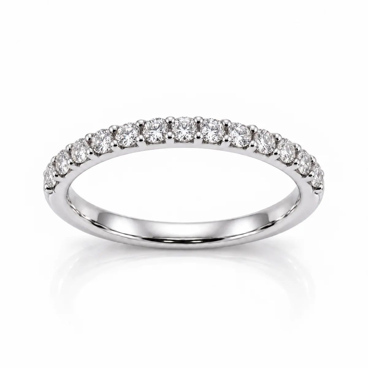 Half eternity claw set wedding ring in 18k white gold, round diamond, made to order by Prodiam (rendered design reference)