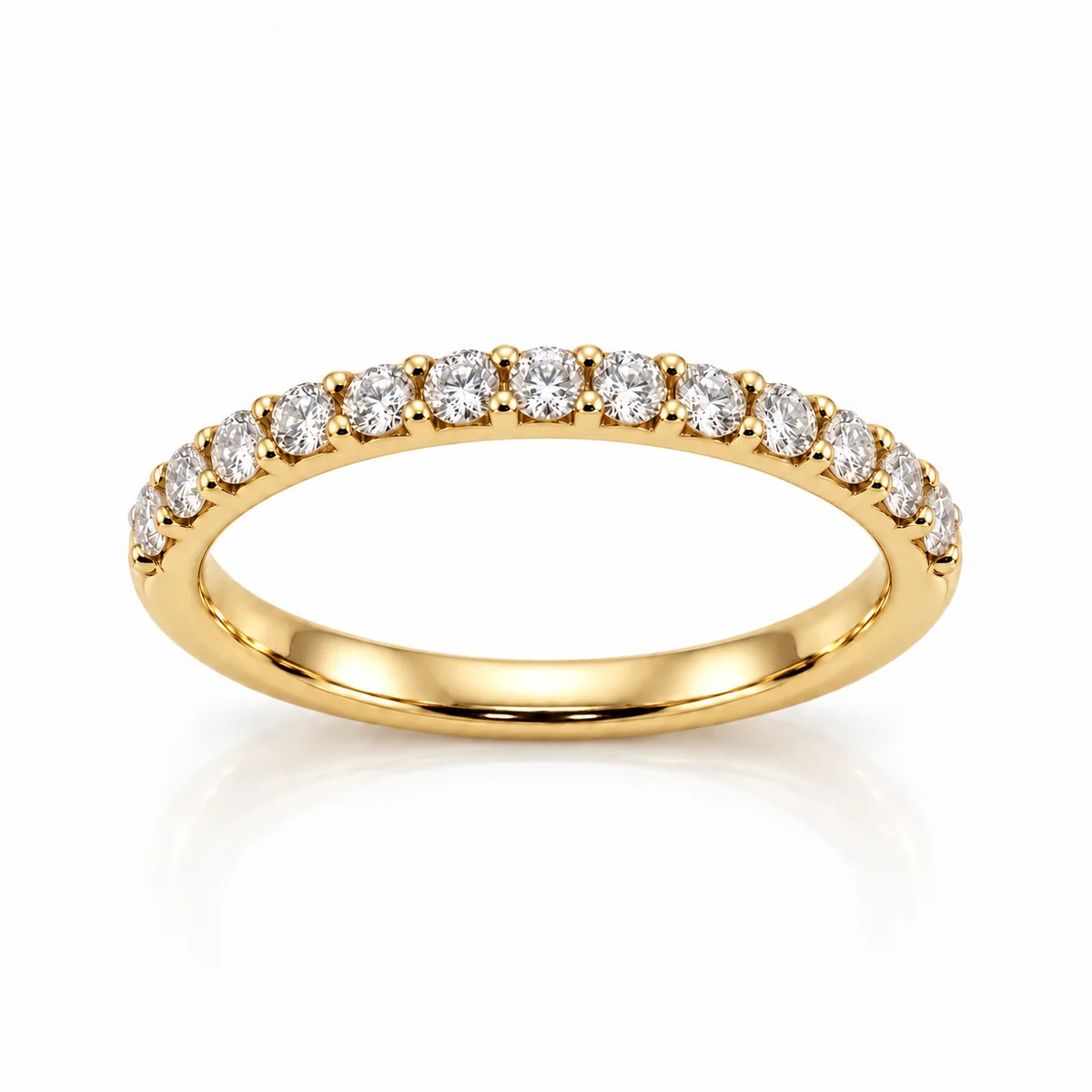 Half eternity claw set wedding ring in 18k yellow gold, round diamond, made to order by Prodiam (rendered design reference)