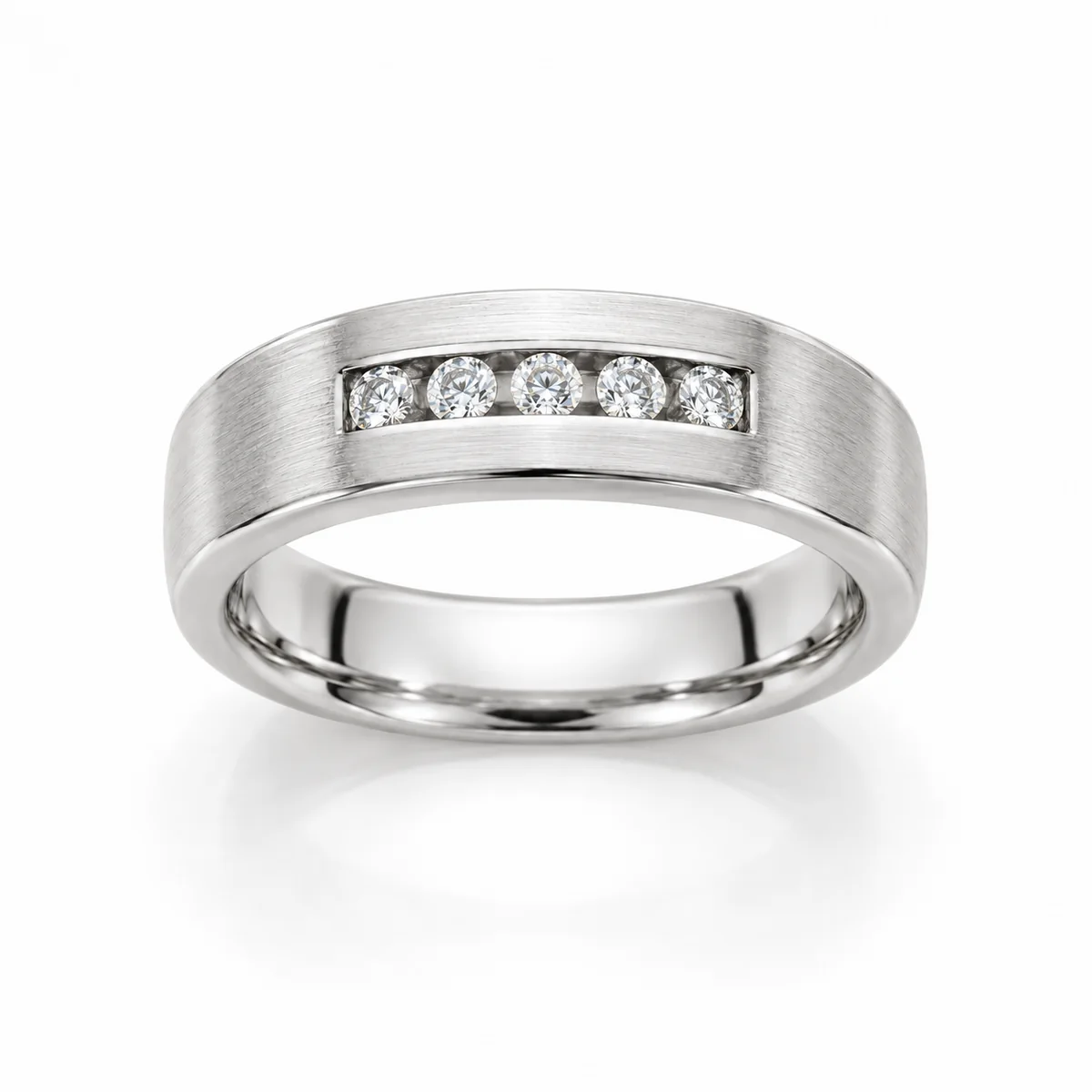 Men's band with five diamonds wedding ring in platinum, round diamond, made to order by Prodiam (rendered design reference)