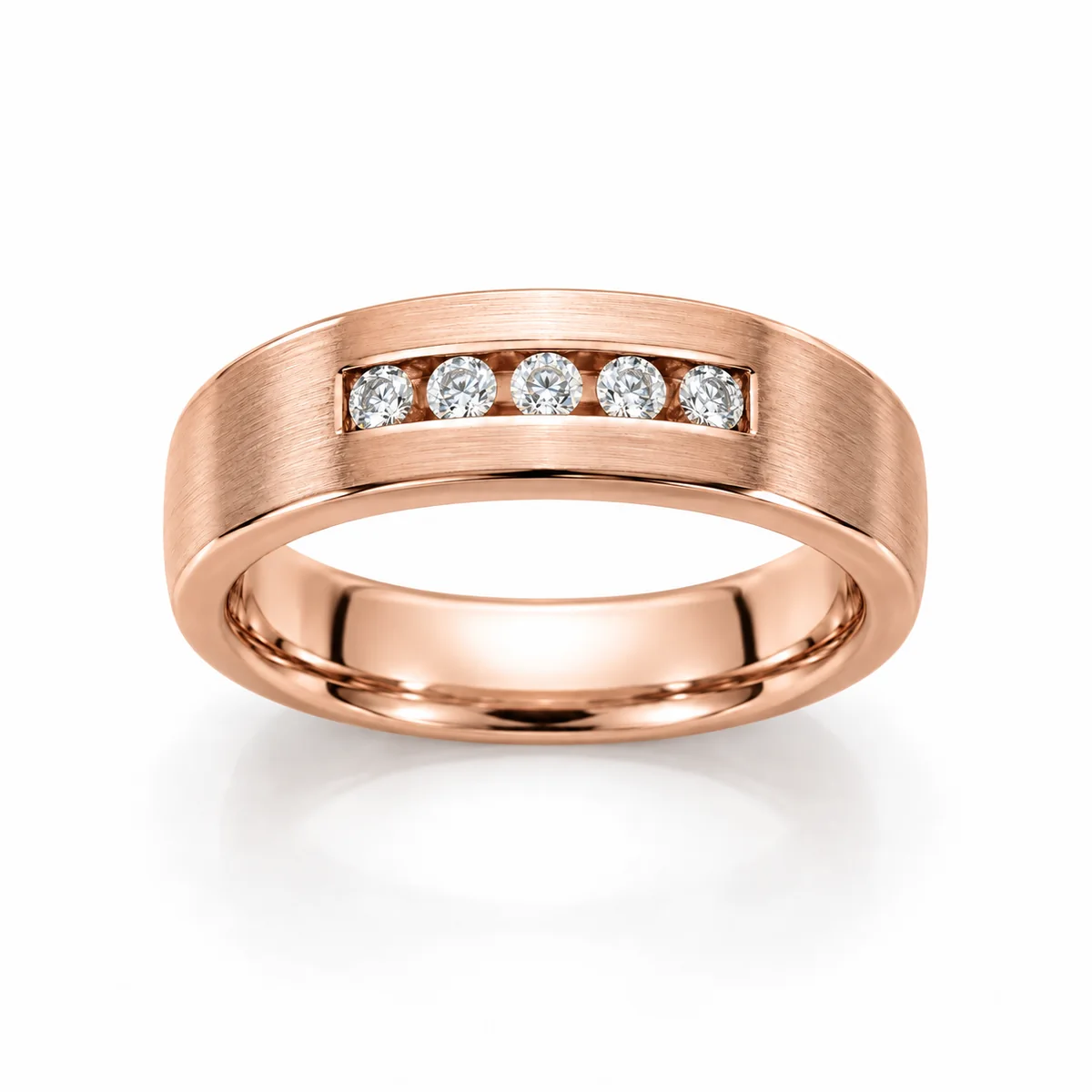 Men's band with five diamonds wedding ring in 18k rose gold, round diamond, made to order by Prodiam (rendered design reference)