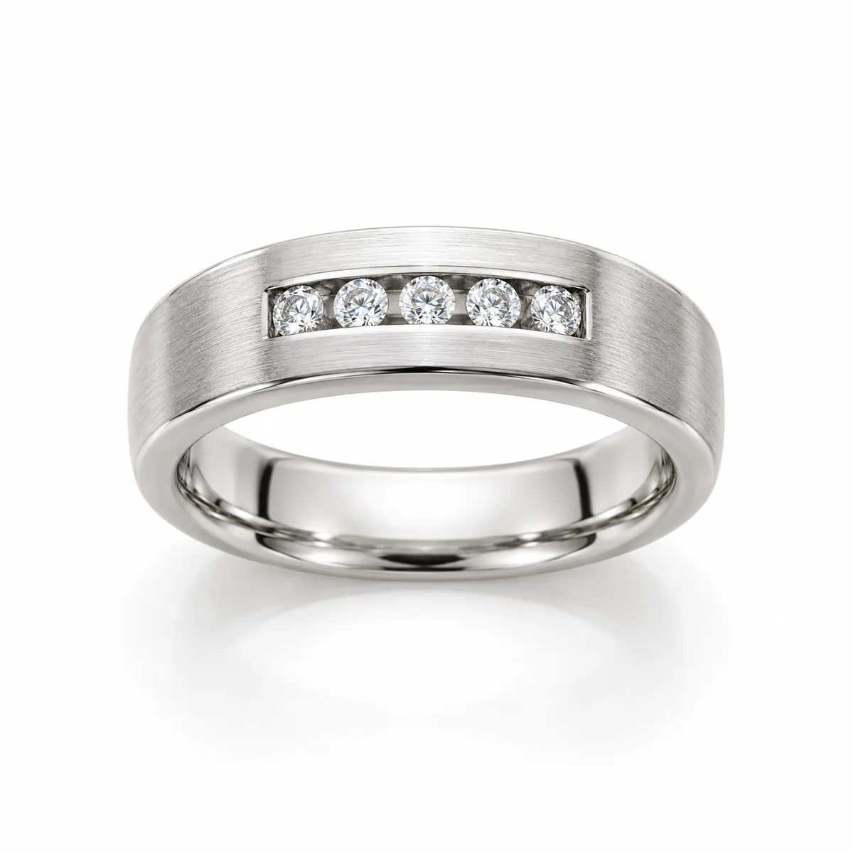 Men's band with five diamonds wedding ring in 18k white gold, round diamond, made to order by Prodiam (rendered design reference)