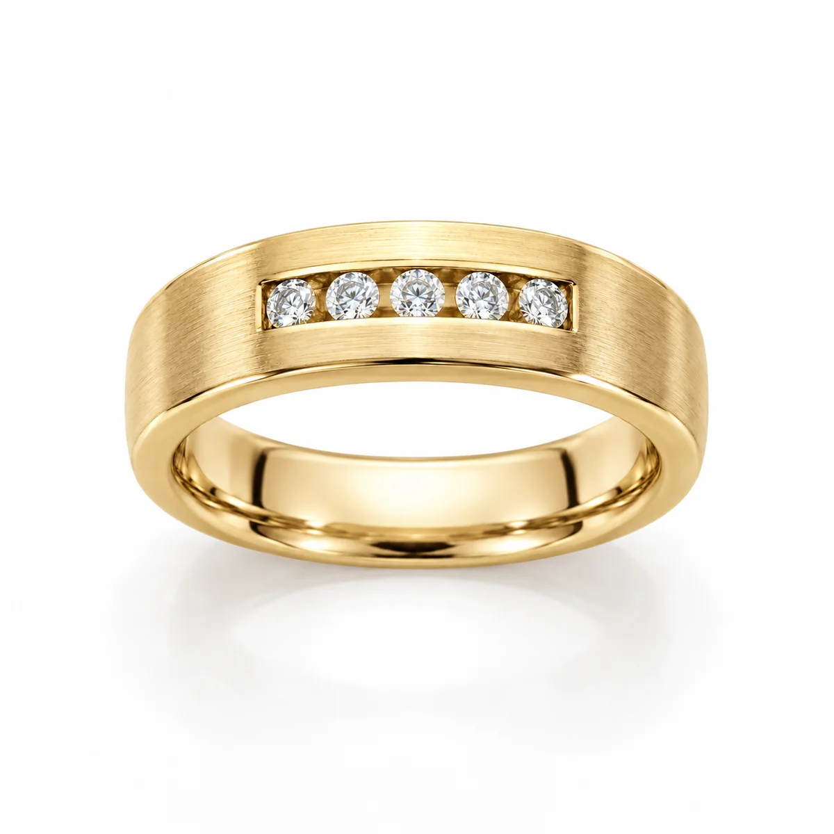 Men's band with five diamonds wedding ring in 18k yellow gold, round diamond, made to order by Prodiam (rendered design reference)